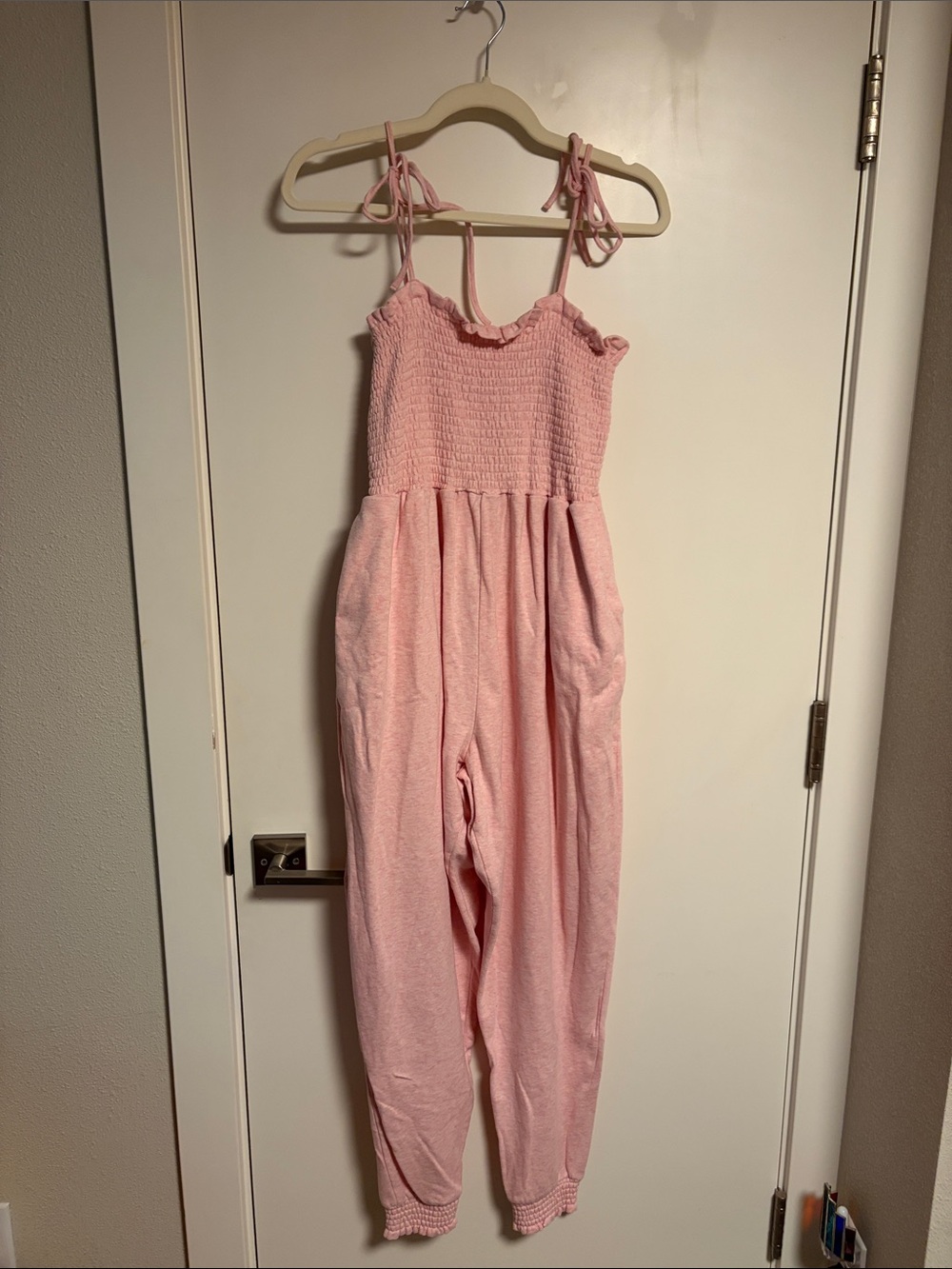 VENUS Pink Smocked Tie-Shoulder Jumpsuit